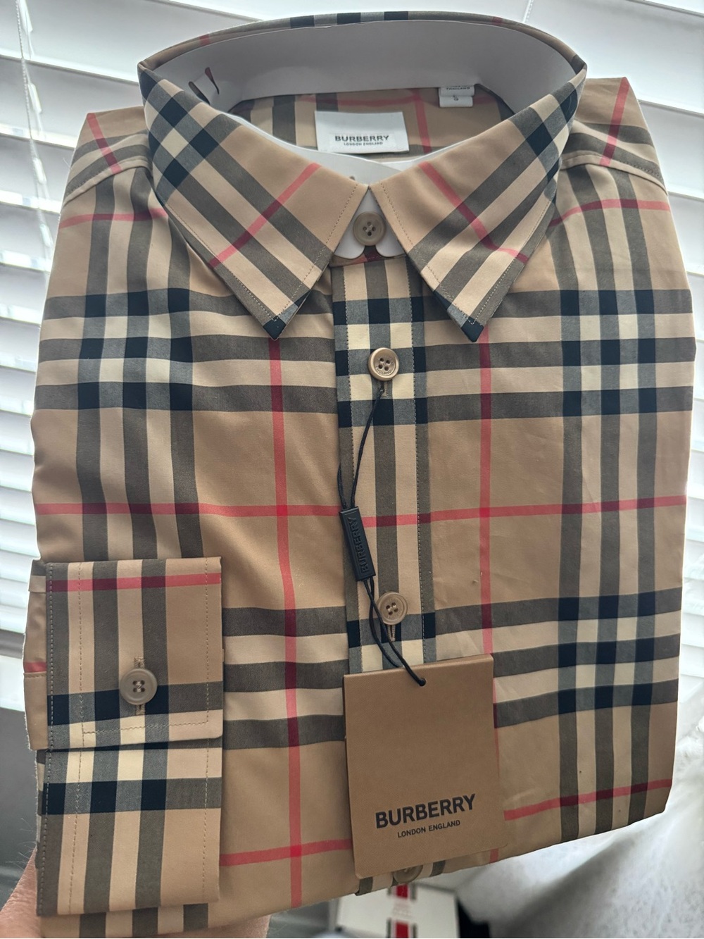 New Burberry Men's Tan Classic Check Dress Shirt with Black & Red Accents. (L)